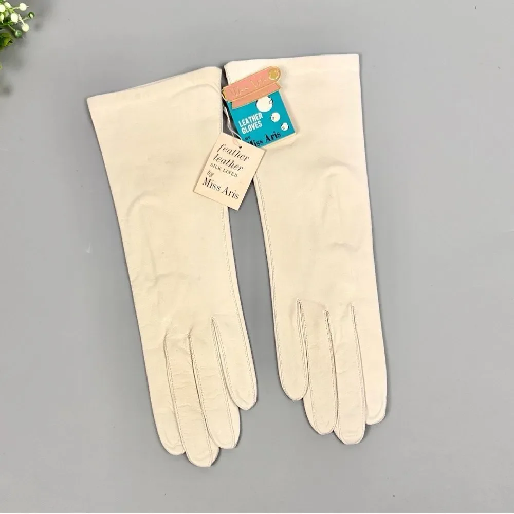 NWT Miss Aris White Ivory Leather Gloves Silk Lining Vintage size 7,5